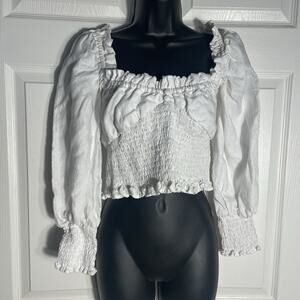 Faithfull The Brand Shirt Women‎ 4 White Revolve Bel Rose Linen Smocked Milkmaid